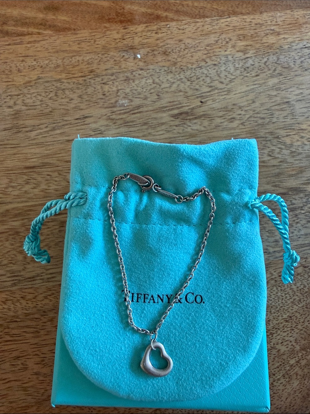Tiffany & Co. Silver Open Heart Pendant Necklace with Tiffany Blue Pouch